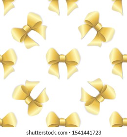 Beautiful endless pattern with decorative bowknot made of gold ribbon isolated on white background; Vector seamless ornament in paper cut style for fabric print, texture, wrapping paper, greeting card