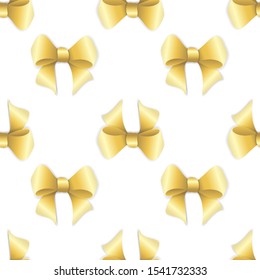 Beautiful endless pattern with decorative bowknot made of gold ribbon isolated on white background; Vector seamless ornament in paper cut style for fabric print, texture, wrapping paper, greeting card