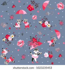 Beautiful endless pattern with funny raccoons, lovely kitten with umbrella, cakes, leaves and garden flowers on dark gray background. Print for fabric in vector.