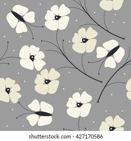 Beautiful endless pattern with white flowers and butterflies on grey background can be used for design fabric, linen, tile , wallpaper.