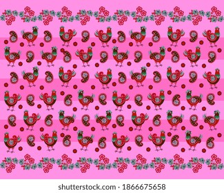 Beautiful endless patterns with cheerful chickens on pink striped background. Print for fabric, wallpaper.