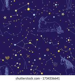 Beautiful endless texture with cosmic elements and blue contour lying and standing unicorns on the blue background. Decorative seamless pattern of galaxy, constellations for your design. Vector image