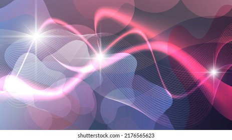 Beautiful energy wallpaper. Flashes of energy, curved beams of light, intertwining wavy lines against a backdrop of overlapping abstract shapes and mixing colors. Vector.