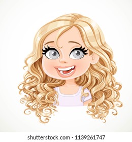 Beautiful enthusiastic cartoon blond girl with magnificent curly hair portrait isolated on white background