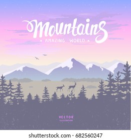 Beautiful epic view on a mountains and forest. Amazing sunset. Vector illustration. Panorama of the nature