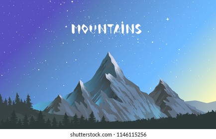 Beautiful epic view on a peak mountains. Panorama of Amazing nature. Vector illustration