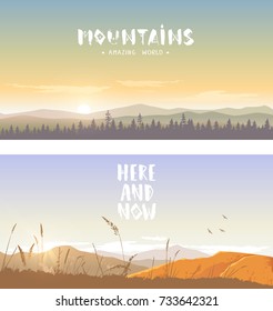 Beautiful epic view on a sky and mountains with sample text. Stylish vector illustration