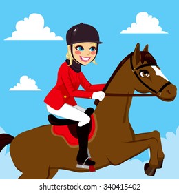Beautiful equestrian woman riding and jumping with horse on blue sky background