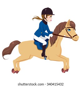 Beautiful equestrian woman riding and running with horse