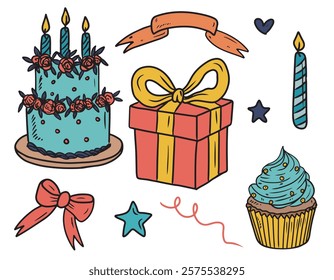 Beautiful equipment for birthday party celebration red gift box with yellow ribbon, striped candle, bow, beautiful blue cake with roses and cupcake with cream on white. Vector sketch illustration.