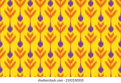 Hermoso arte de ikat abstracto étnico. Patrón Kasuri sin foco en la huella de ornamento de arte geométrico azteca, bordado folclórico. Diseño para alfombras, papel pintado, ropa, envoltura, tela, cubierta. Color amarillo