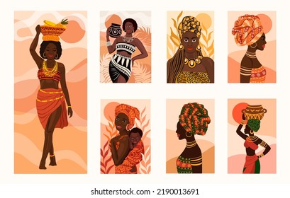 Beautiful ethnic African women flat style portraits collection. Vector illustration