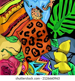Beautiful ethnic background in patchwork style with colorful fruits, plants and ornaments