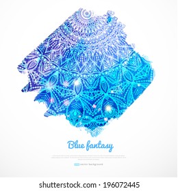 Beautiful ethnic floral ornament. Vector illustration. Lace design on blue watercolor background