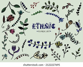 Beautiful ethnic floral set in skandinavian folk style drawn by hand in vector. Botanical elements - leaves, flowers, herbs are isolated on light green background. Cute doodle plants illustration.