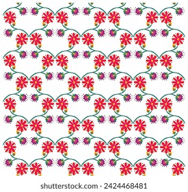 Beautiful  ethnic hand drawn vector  red and yellow flower petal with colorful floral leaf, white texture background seamless placement for fabric, texture, paper and wallpaper..