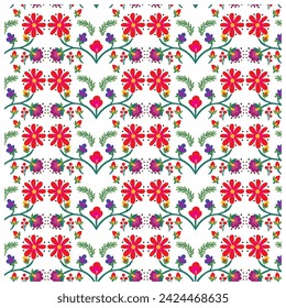 Beautiful ethnic hand drawn vector  retro style red and yellow flower petal with colorful floral leaf, white background texture seamless print placement for fabric, texture, paper and wallpaper..