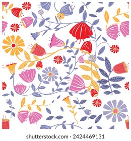Beautiful  ethnic hand drawn vector  red and yellow flower petal with colorful floral leaf, white texture background seamless placement for fabric, texture, paper and wallpaper..