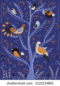 Beautiful ethnic image of birds and floral patterns hand-drawn in vector. Textural illustration based on folk art of the north and national ornaments. Birds are sitting on a tree with blue background.