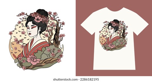 Beautiful ethnic Japanese geisha and cherry blossoms. t-shirt design print