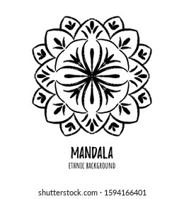 Beautiful ethnic mandala with grunge text for design or decor. Hand draw boho element with nice phrase for greeting card or businesses banner. Can be used for coloring book, textile and warping paper.