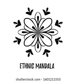 Beautiful ethnic mandala with grunge text for design or decor. Hand draw boho element with nice phrase for greeting card or businesses banner. Can be used for coloring book, textile and warping paper.