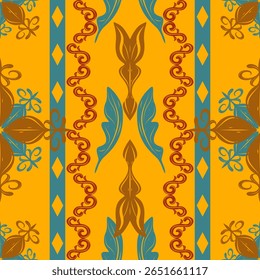 Beautiful Ethnic Motif Culture Indian Mandala Ornament Warm Earth Tone Red Brown Blue on Yellow Background Seamless Border Pattern. Perfect for Batik Textiles Scarf Fabrics Handcraft Bohemian Fashion