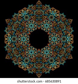 Beautiful ethnic round pattern with dots. Ornamental  geometric turquoise  painting on the plate. Vector print.