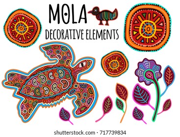 Beautiful ethnic vector elements in Mola style. Patchwork exotic animals collection. Indian atmosphere, tribal design. Perfect templates for print, posters, textile and t-shirts.