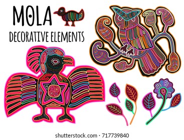 Beautiful ethnic vector elements in Mola style. Patchwork exotic birds collection. Indian atmosphere, tribal design. Perfect templates for print, posters, textile and t-shirts.