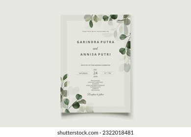 Hermoso eucalipto deja la plantilla de la tarjeta de invitación a la boda Vector Premium