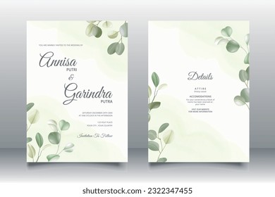 Beautiful eucalyptus leaves wedding invitation card template Premium Vector