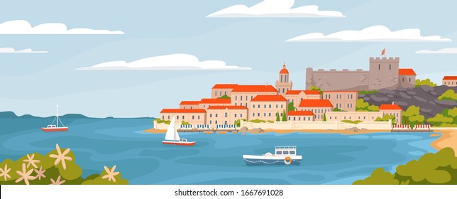 Beautiful European town on summer sea coast vector graphic illustration. Natural panoramic landscape view sky, water, city houses, ships and boats amazing seascape svg