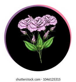 Beautiful eustoma flowers in a black circle. Floral vector