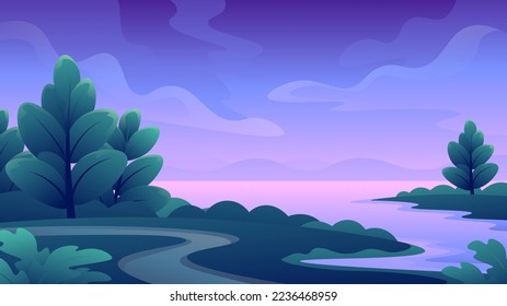 Beautiful evening by the river. Natural summer landscape with sunset and road view.