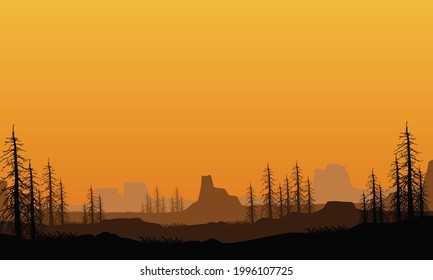 Beautiful evening from the edge of the city with dramatic natural scenery at dusk. Vector illustration of a city