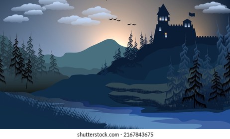 A beautiful evening landscape.An ancient castle on a hill by the river among the banks with coniferous trees against the backdrop of mountains, the evening sky with clouds, flying birds. Vector.