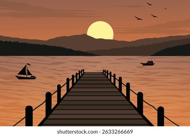Beautiful Evening Landscape with Lakeside Wooden Pier at Sunset, Silhouetted Sailboats, Distant Hills, Flying Birds, and Glowing Orange Sky. Tranquil Nature Background Illustration