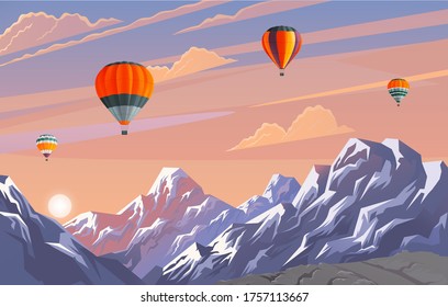 Beautiful evening landscape with pink clouded sky and mountains. View at evening summer scenery with flying air balloons above snowy mountains. Travelling among clouds. Evening nature with sunset