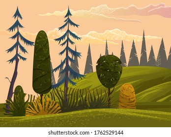 Beautiful evening landscape with pink clouded sky, silhouette of forest at background. View at evening summer scenery with green hills, trees, fir-trees. Evening nature scene with wood. Flat style