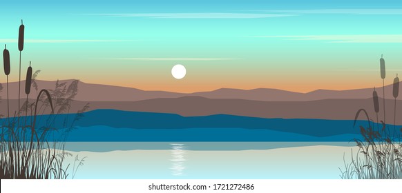 Beautiful evening landscape with sunset on the river.Vector illustration with hills, river and reeds.