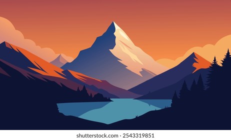 Beautiful Evening panorama of Bachalp lake Bachalpsee Switzerland. Unbelievable autumn sunset in Swiss Alps, Grindelwald, Bernese Oberland, Europe. flat vector illustration Nature background