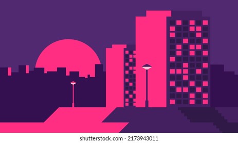 Beautiful evening residential area with luminous windows on sunset background. Night city street scene.