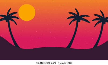 Beautiful Evening scene with palm tree landscape Vector