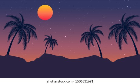 Beautiful Evening scene with palm tree landscape Vector