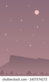 Beautiful Evening Scenery with Mountains. Vector Isolated Graphic Design Illustration. beautiful scene of wild life, rocks, hills, mountains, woods, trees, pines, night sky with stars and the moon.