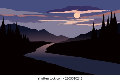 Beautiful evening sky landscape. Forest mountain flat night illustration