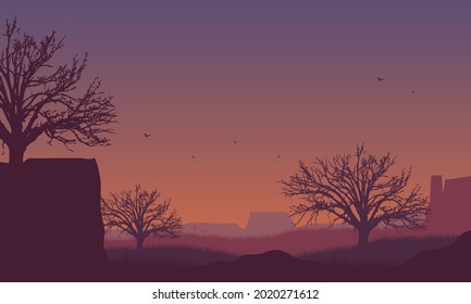 Beautiful evening sky with magnificent natural views from the outskirts of the city at dusk. Vector illustration of a city