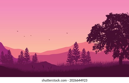 The beautiful evening sky with the mountains view and the silhouette of a large tree from the countryside. Vector illustration of a city