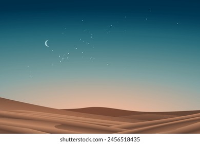 Beautiful evening sky over desert with moon and stars